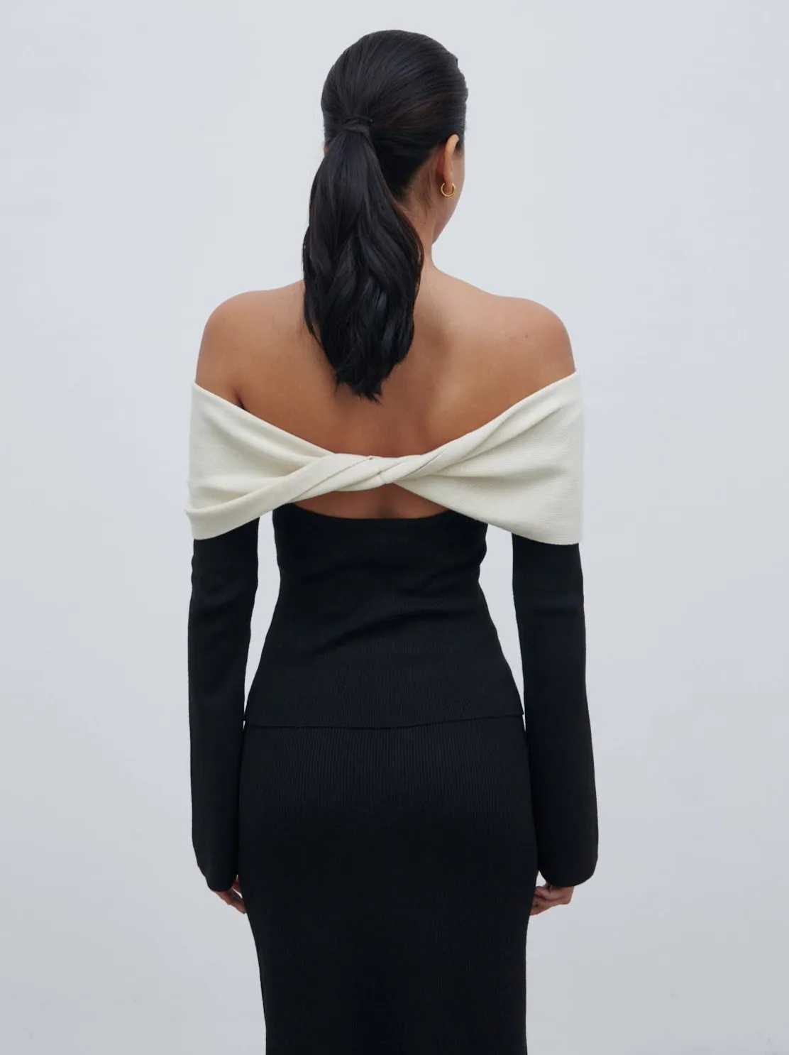 Ema Twist Bardot Knit Top - Black and Cream