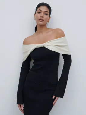 Ema Twist Bardot Knit Top - Black and Cream