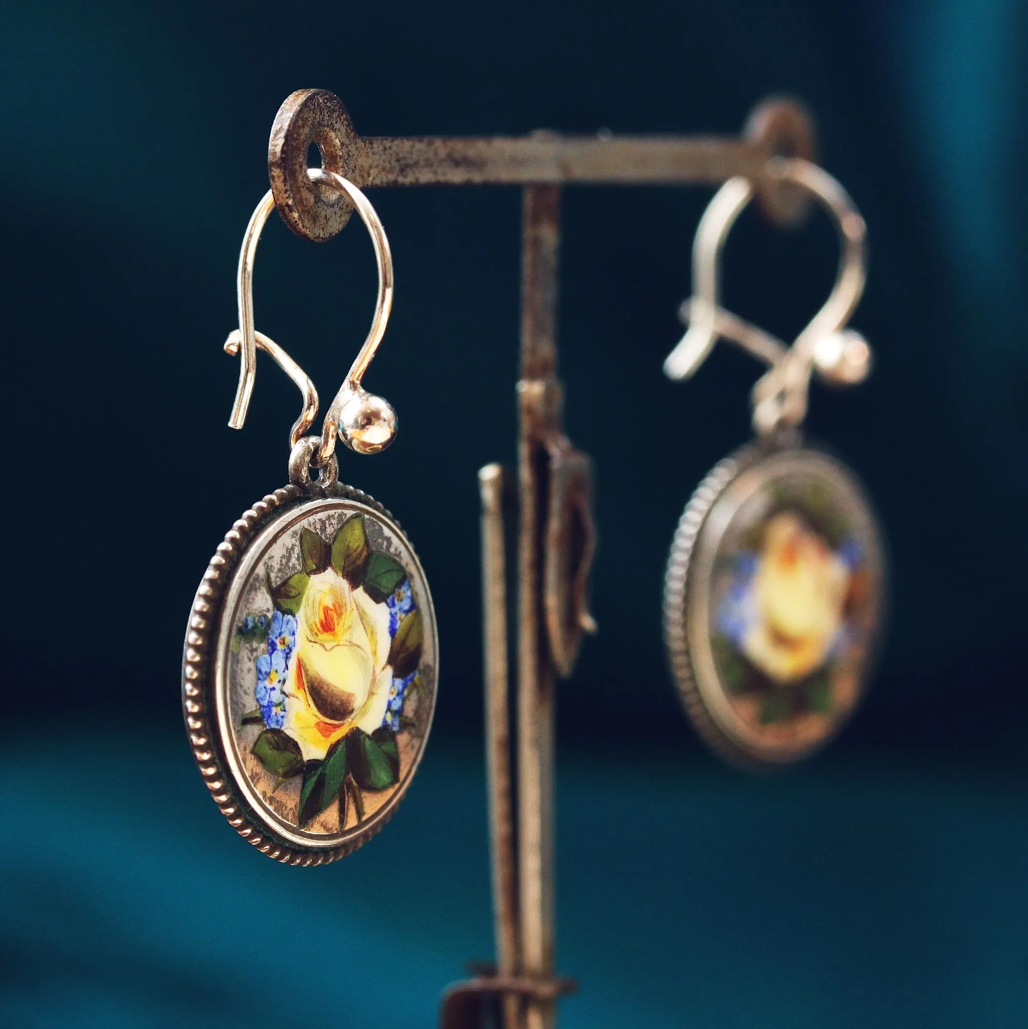 Enchanting Vintage Hand Enamelled Silver Earrings