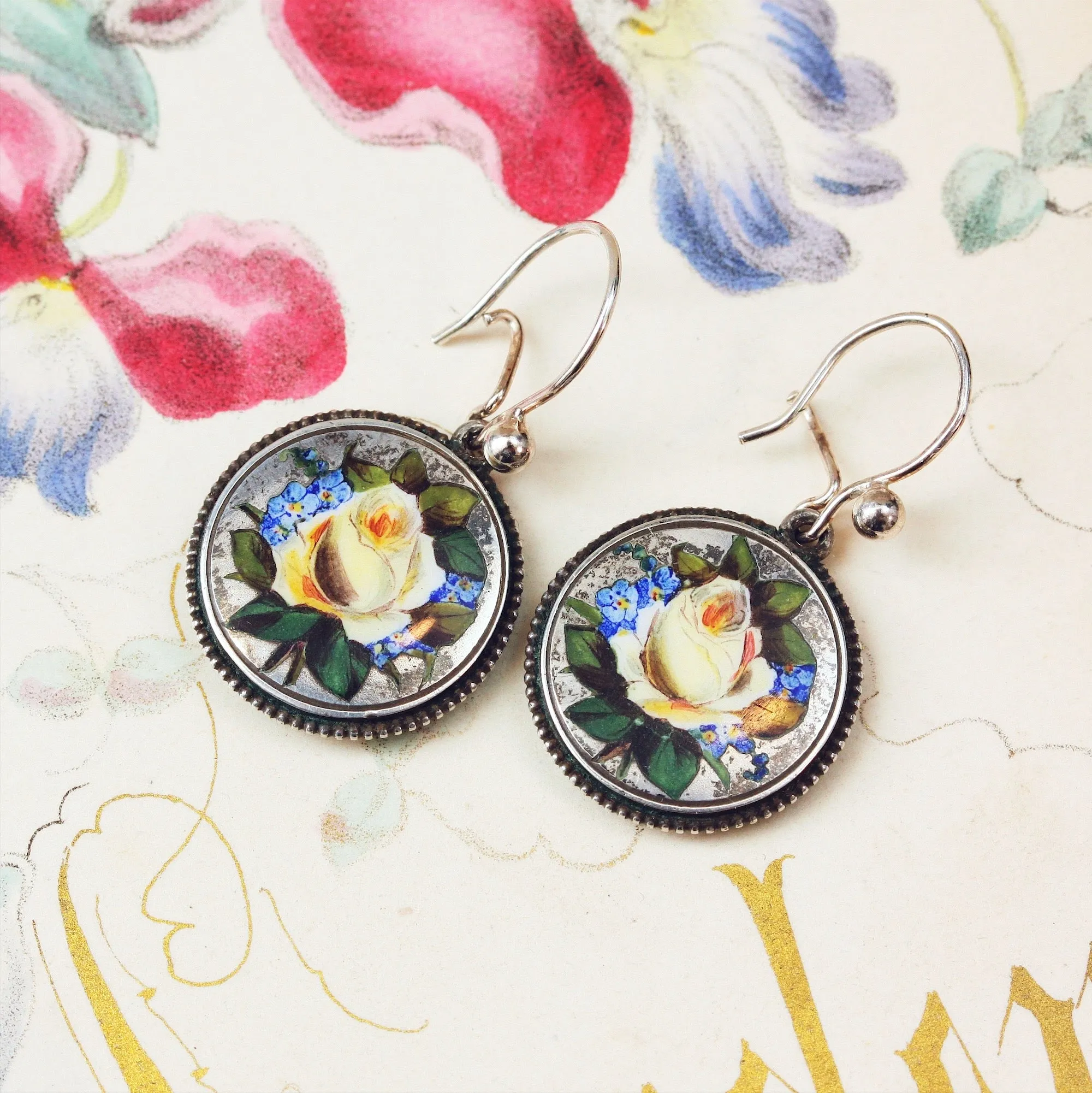 Enchanting Vintage Hand Enamelled Silver Earrings