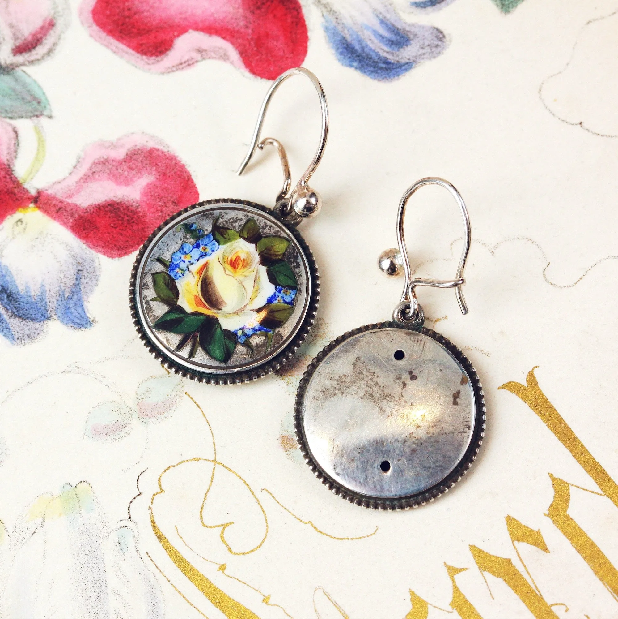 Enchanting Vintage Hand Enamelled Silver Earrings