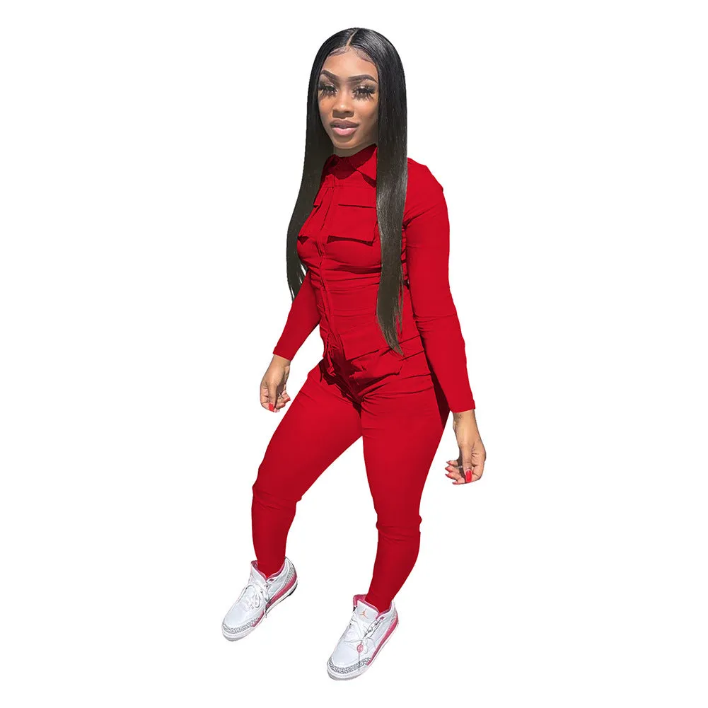 F5029 Quality Autumn and Winter New Solid Color Long Tooling Zipper Pocket Jumpsuit