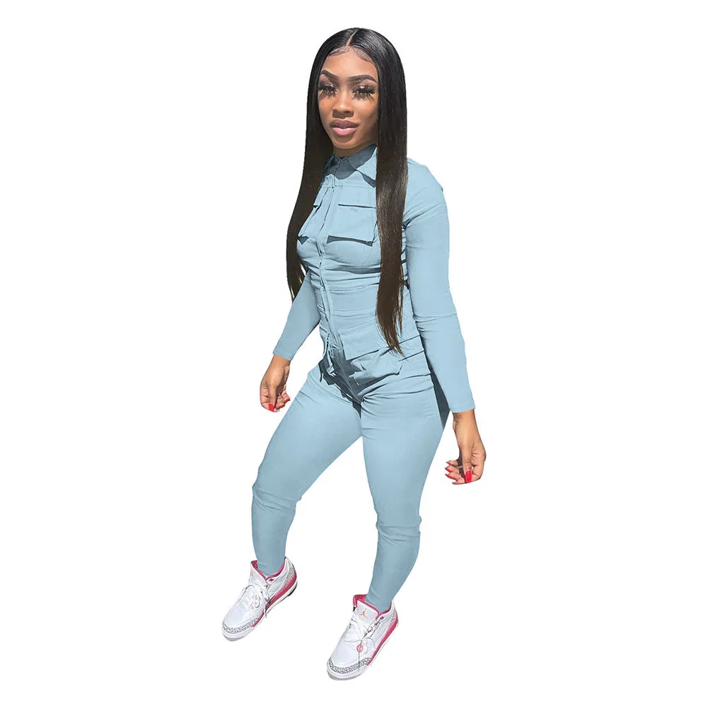F5029 Quality Autumn and Winter New Solid Color Long Tooling Zipper Pocket Jumpsuit