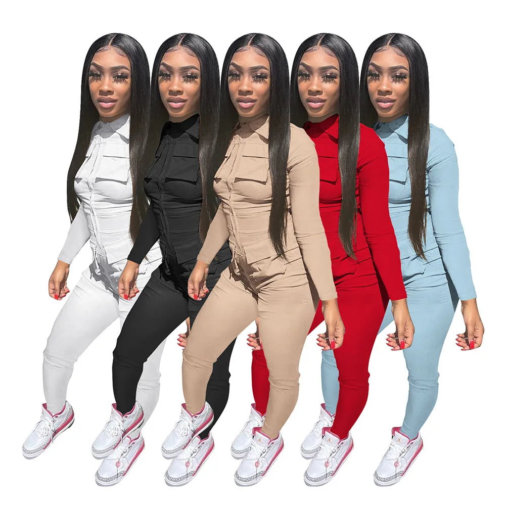 F5029 Quality Autumn and Winter New Solid Color Long Tooling Zipper Pocket Jumpsuit