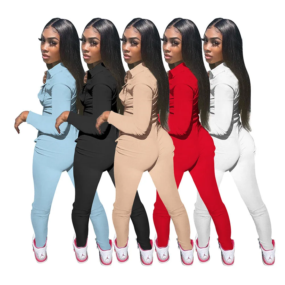 F5029 Quality Autumn and Winter New Solid Color Long Tooling Zipper Pocket Jumpsuit