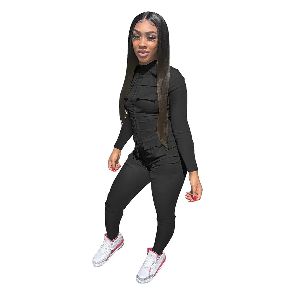 F5029 Quality Autumn and Winter New Solid Color Long Tooling Zipper Pocket Jumpsuit
