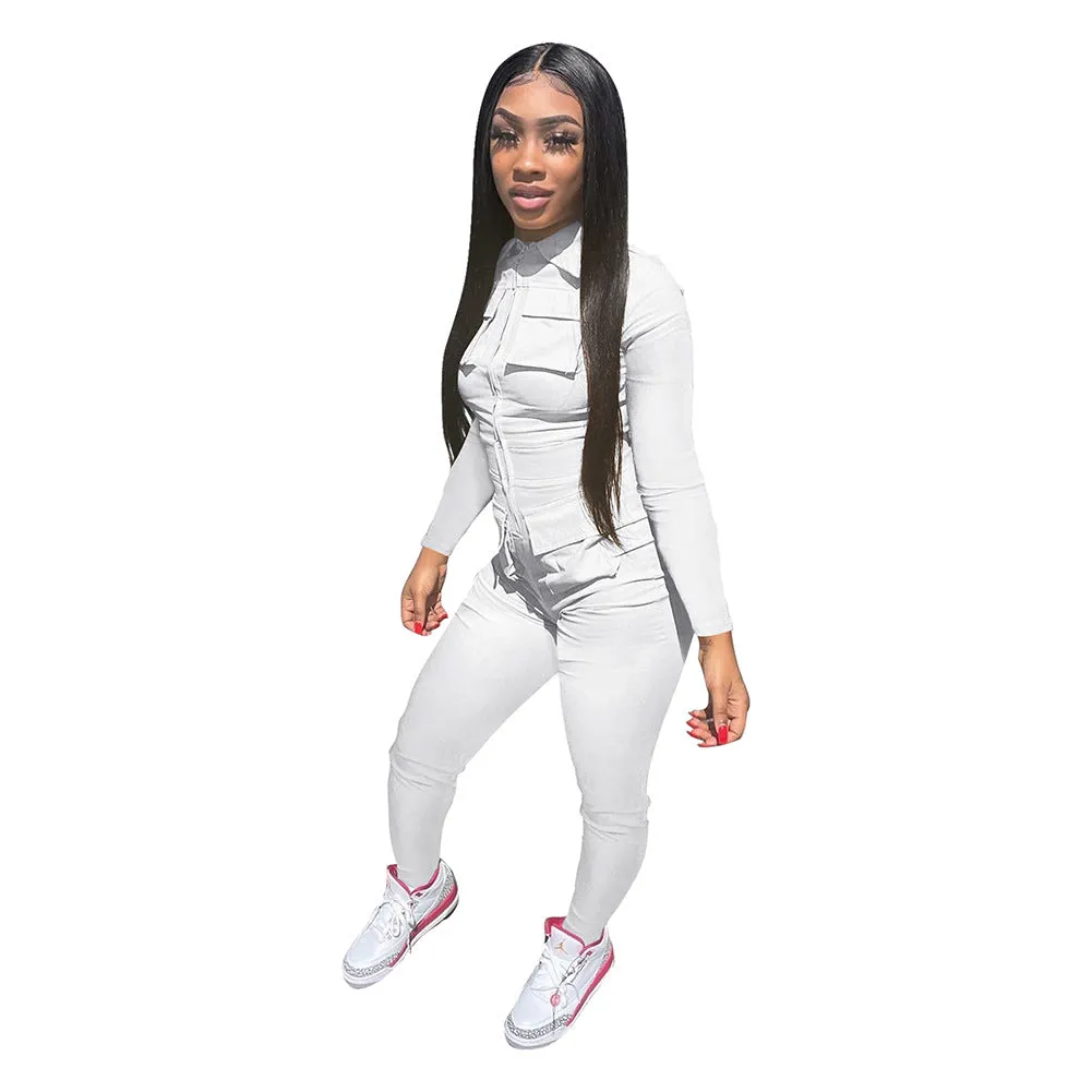 F5029 Quality Autumn and Winter New Solid Color Long Tooling Zipper Pocket Jumpsuit