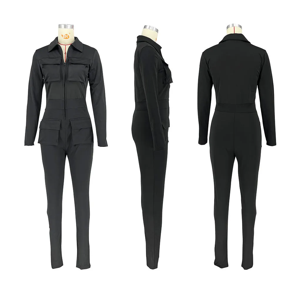 F5029 Quality Autumn and Winter New Solid Color Long Tooling Zipper Pocket Jumpsuit