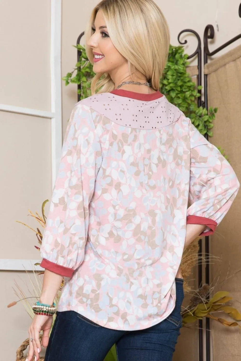 Full Size Leaf Print Contrast Trim Balloon Sleeve Top
