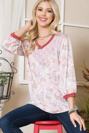 Full Size Leaf Print Contrast Trim Balloon Sleeve Top