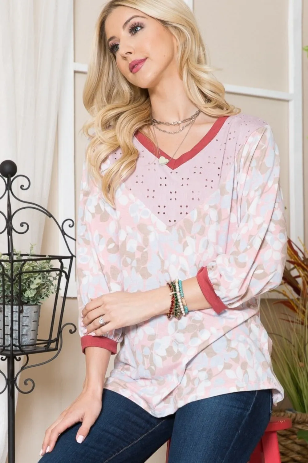 Full Size Leaf Print Contrast Trim Balloon Sleeve Top