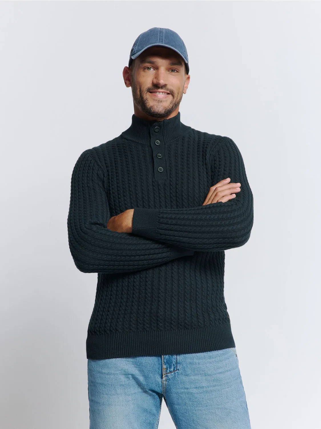 Half-Zip Knit with Buttons in Solid Jacquard: Classic Elegance and Comfort | Night