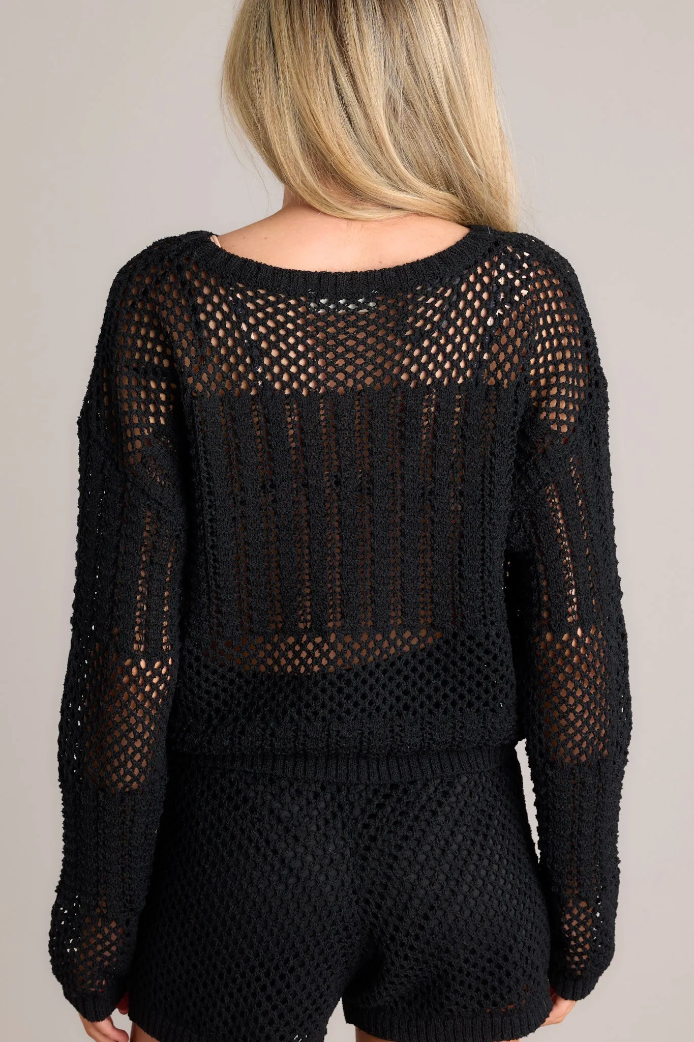 Harmony In Chaos Black Open Knit Crop Top