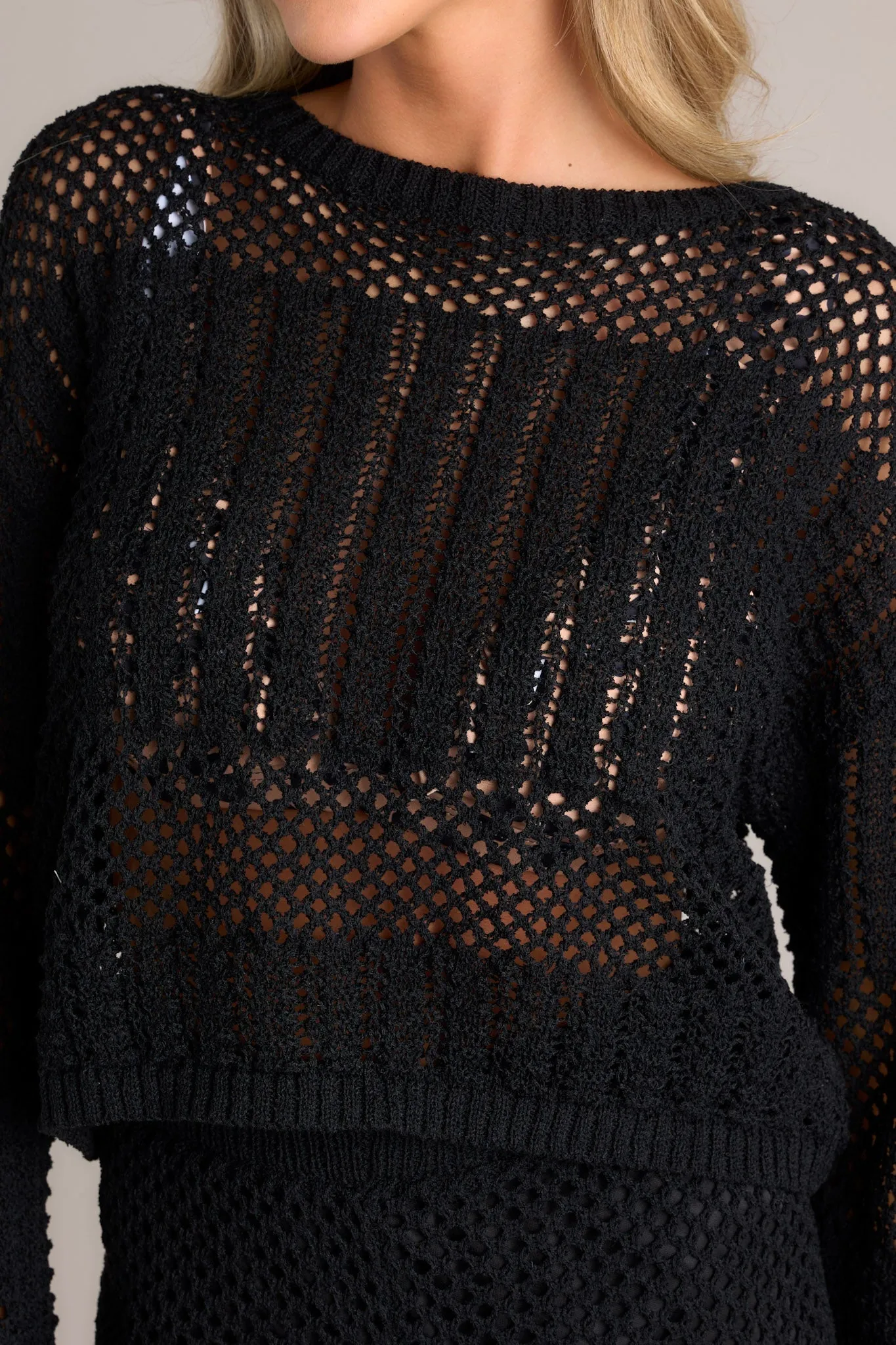 Harmony In Chaos Black Open Knit Crop Top