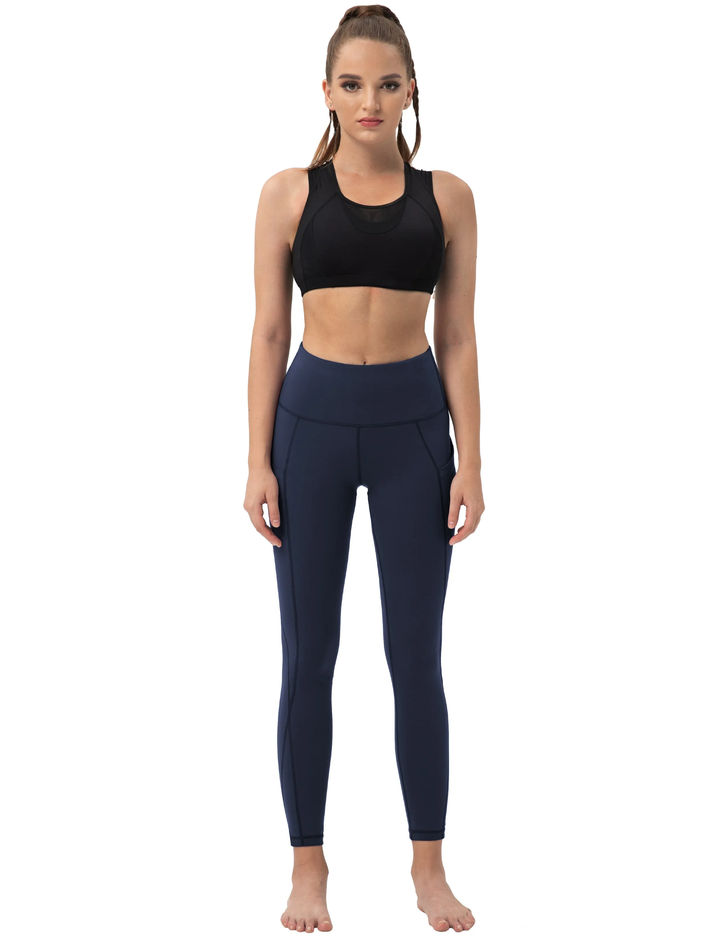 High Waist Side Pockets Running Pants darknavy_Running