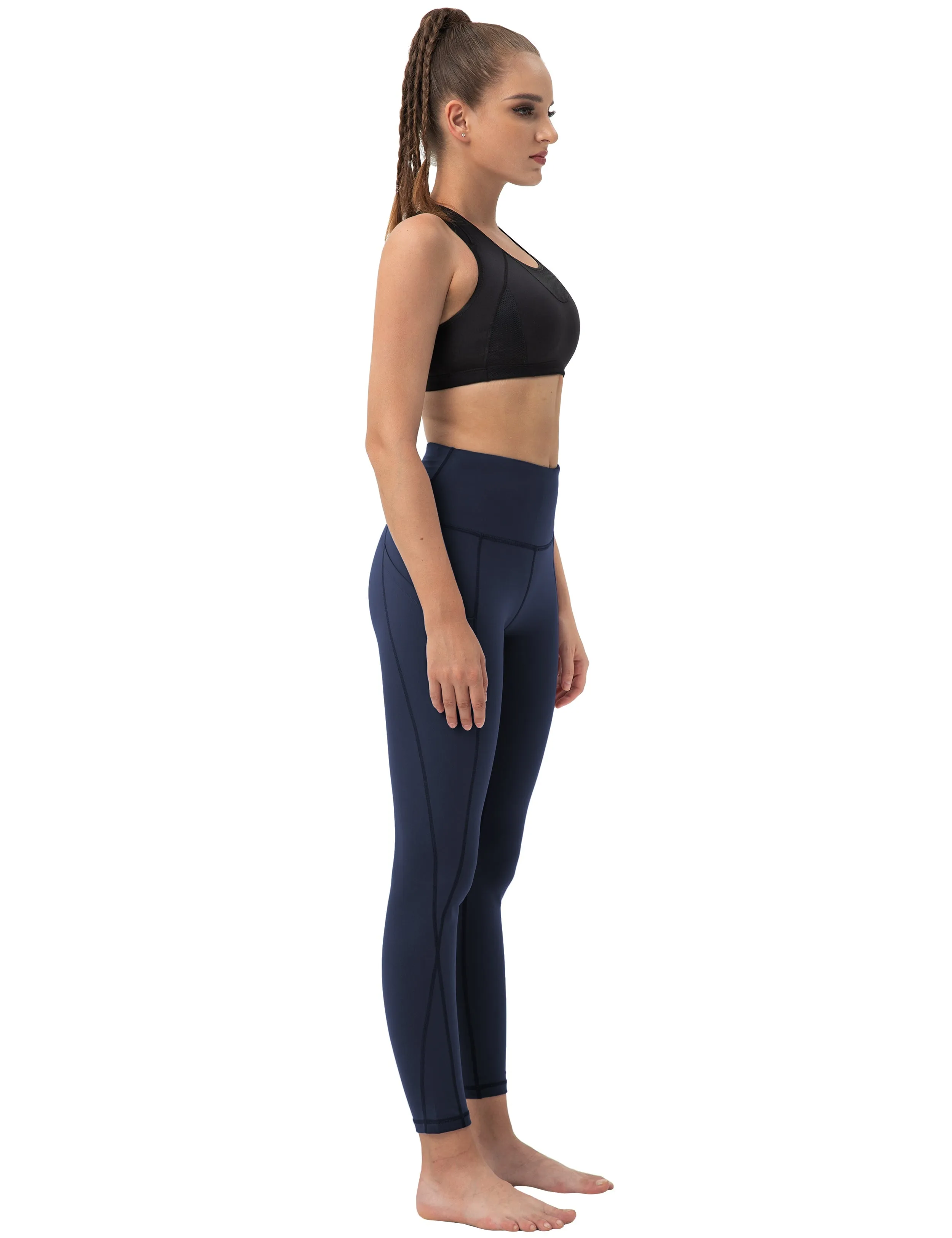 High Waist Side Pockets Running Pants darknavy_Running