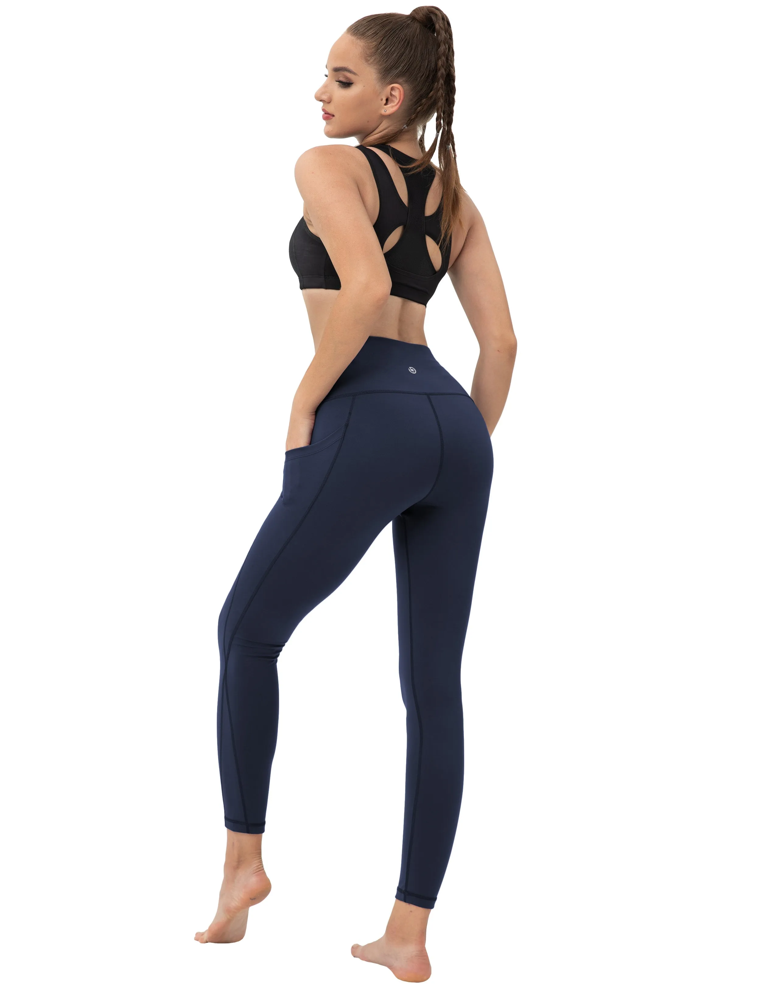 High Waist Side Pockets Running Pants darknavy_Running