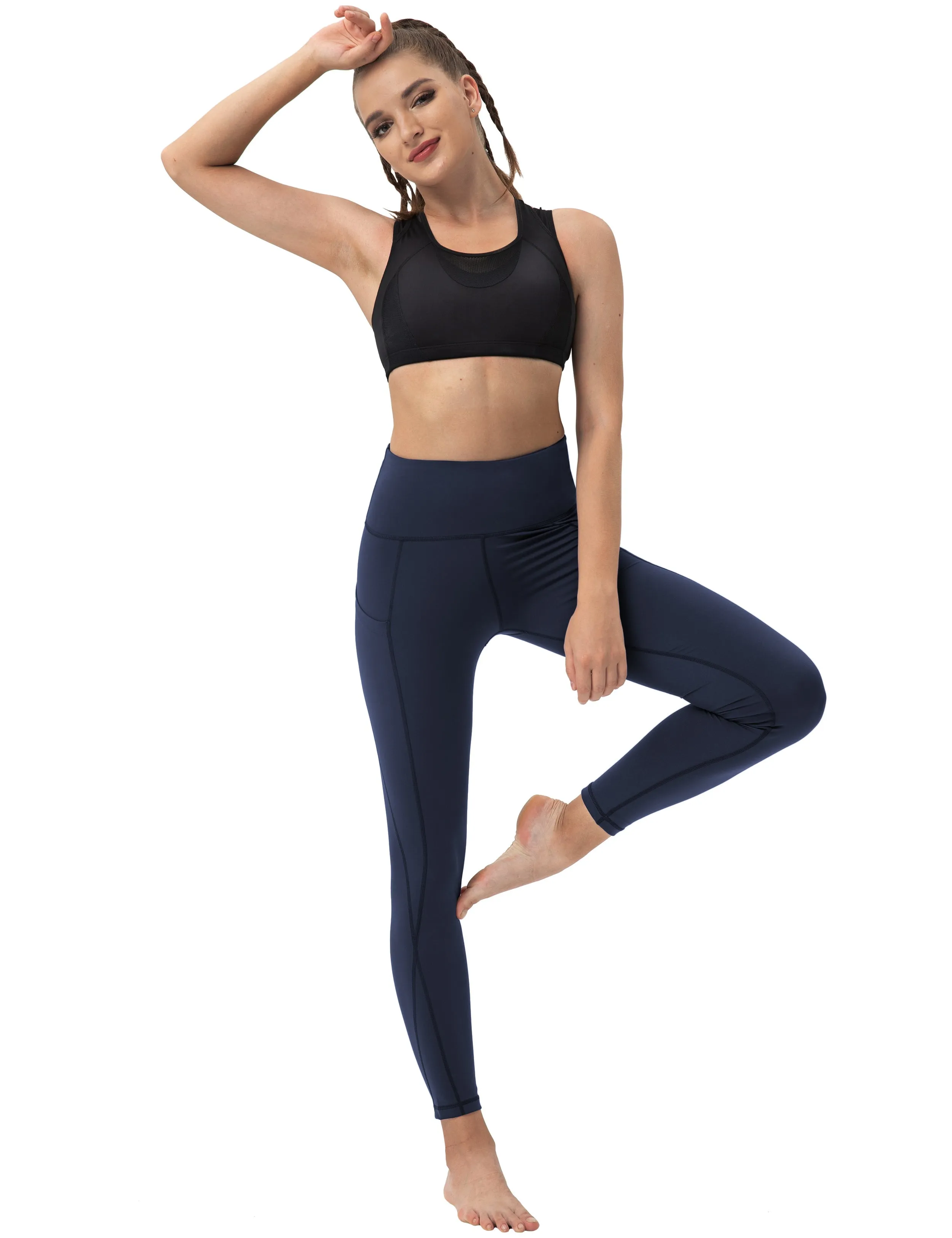 High Waist Side Pockets Running Pants darknavy_Running