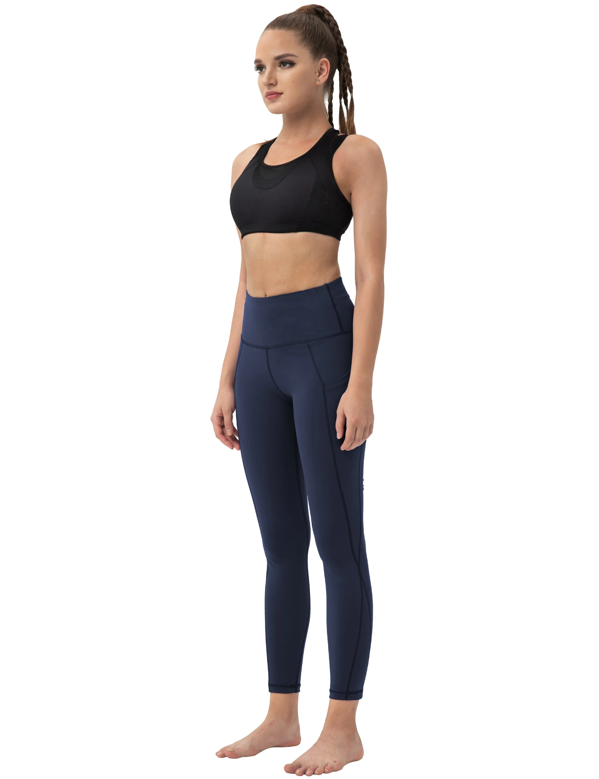 High Waist Side Pockets Running Pants darknavy_Running
