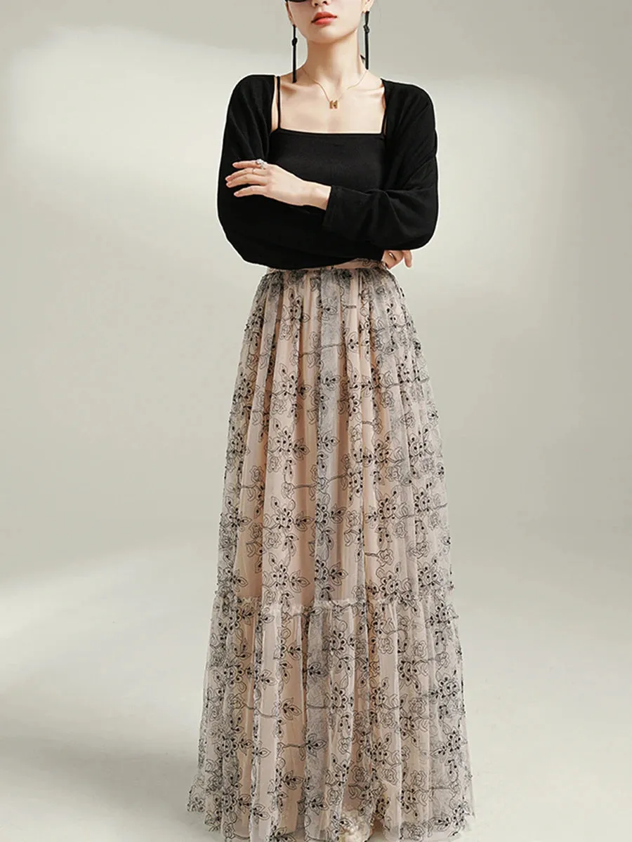 Hit Color Floral Printted Temperament Skirt For Women High Waist Elastic Waist Fashion A Line Skirt Female Autumn
