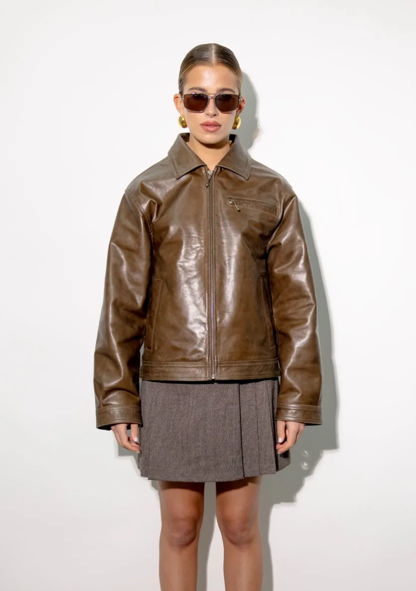 Kaia Boxy Brown Leather Jacket