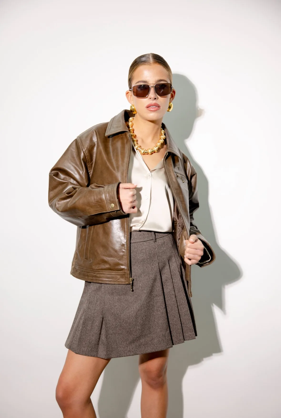 Kaia Boxy Brown Leather Jacket