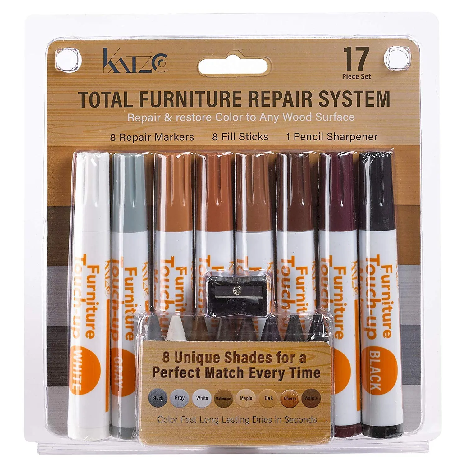Katzco Furniture Repair Kit Wood Markers - Set Of 17 - Markers And Wax Sticks With