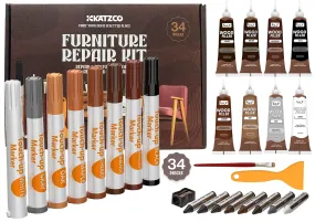 Katzco Total Furniture Repair Kit - Set Of 34 - Resin Repair Wood Filler, Brushes