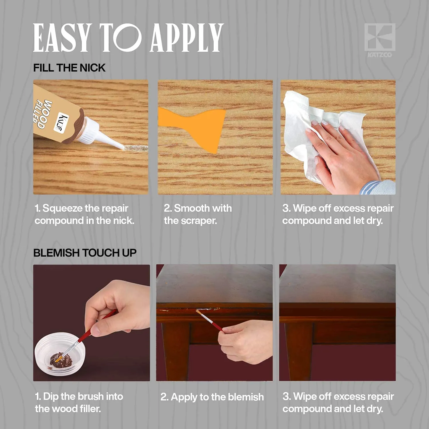 Katzco Total Furniture Repair Kit - Set Of 34 - Resin Repair Wood Filler, Brushes