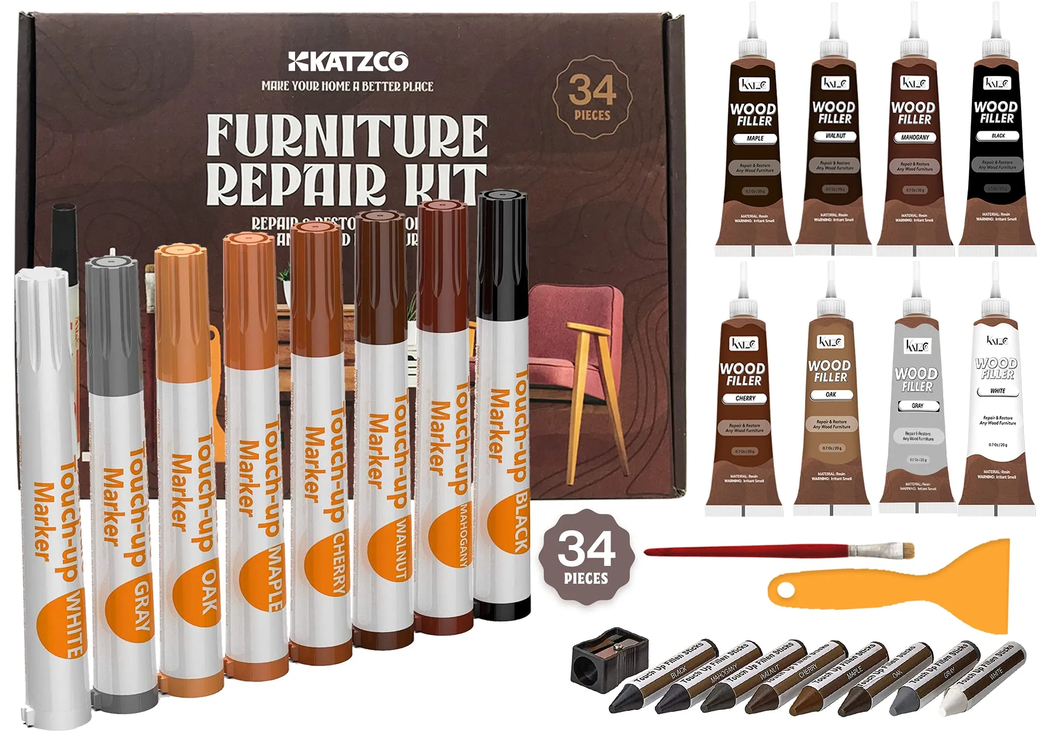 Katzco Total Furniture Repair Kit - Set Of 34 - Resin Repair Wood Filler, Brushes