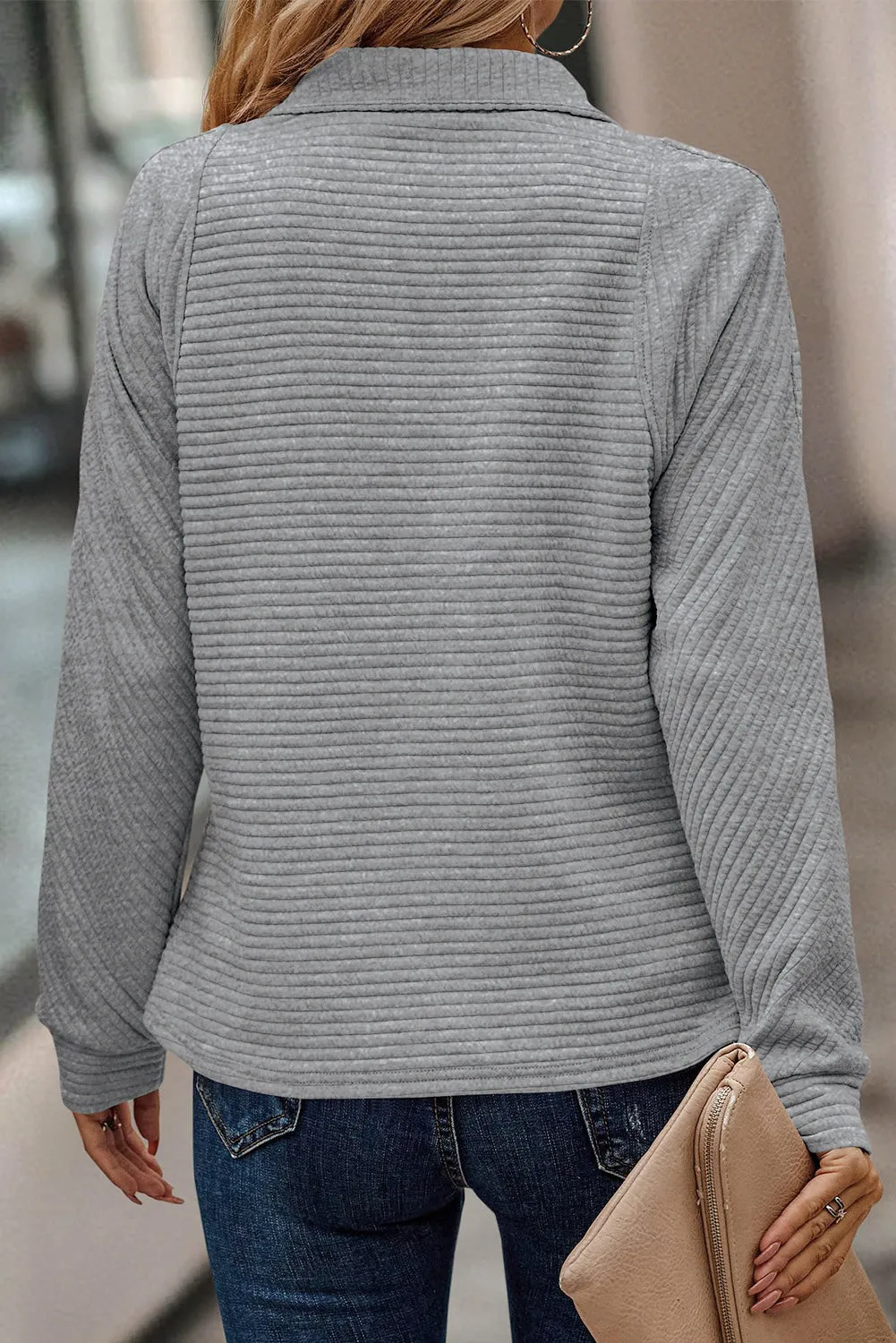 Light Plus Size Grey Quarter Zipper Collared Ribbed Knit Top