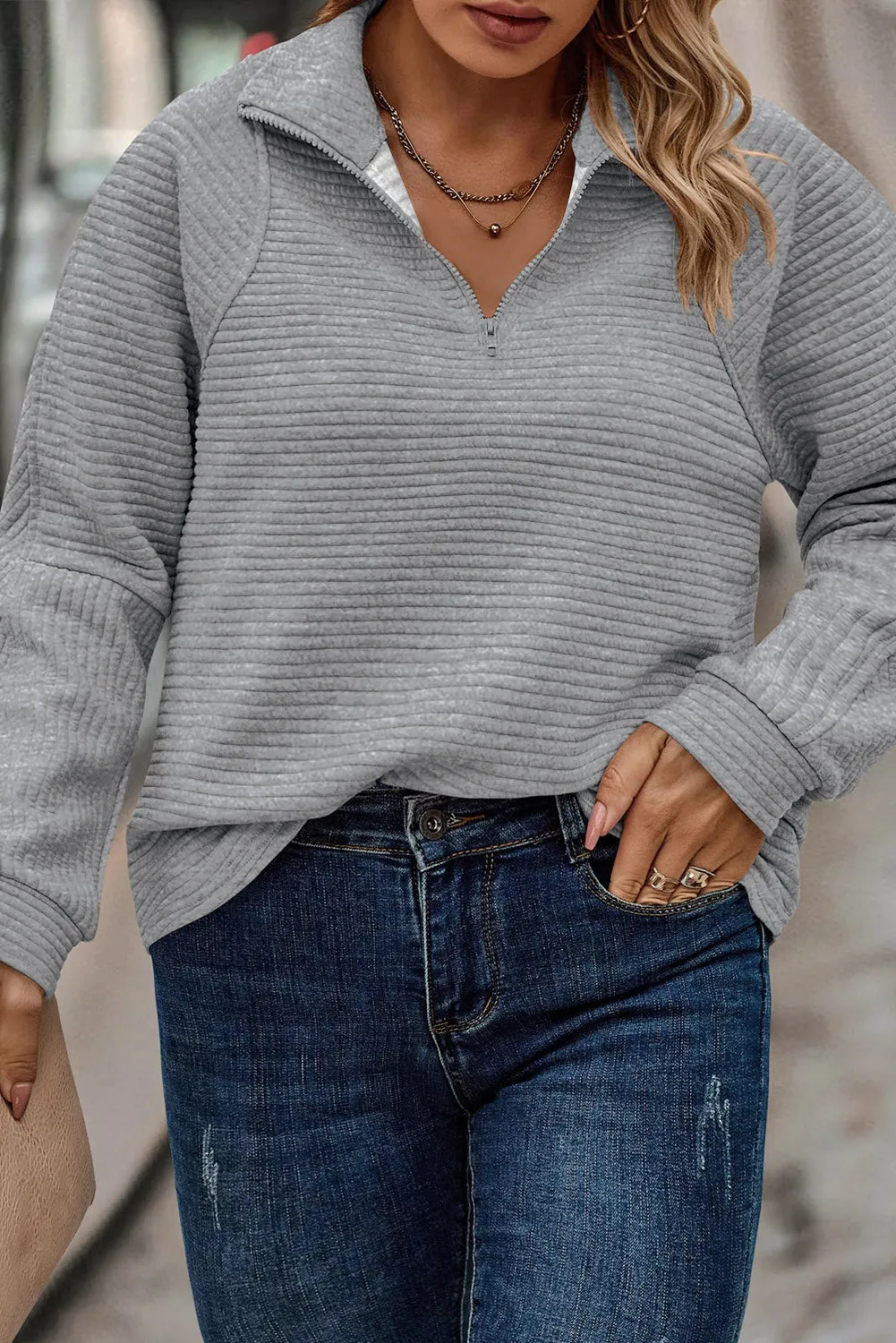 Light Plus Size Grey Quarter Zipper Collared Ribbed Knit Top