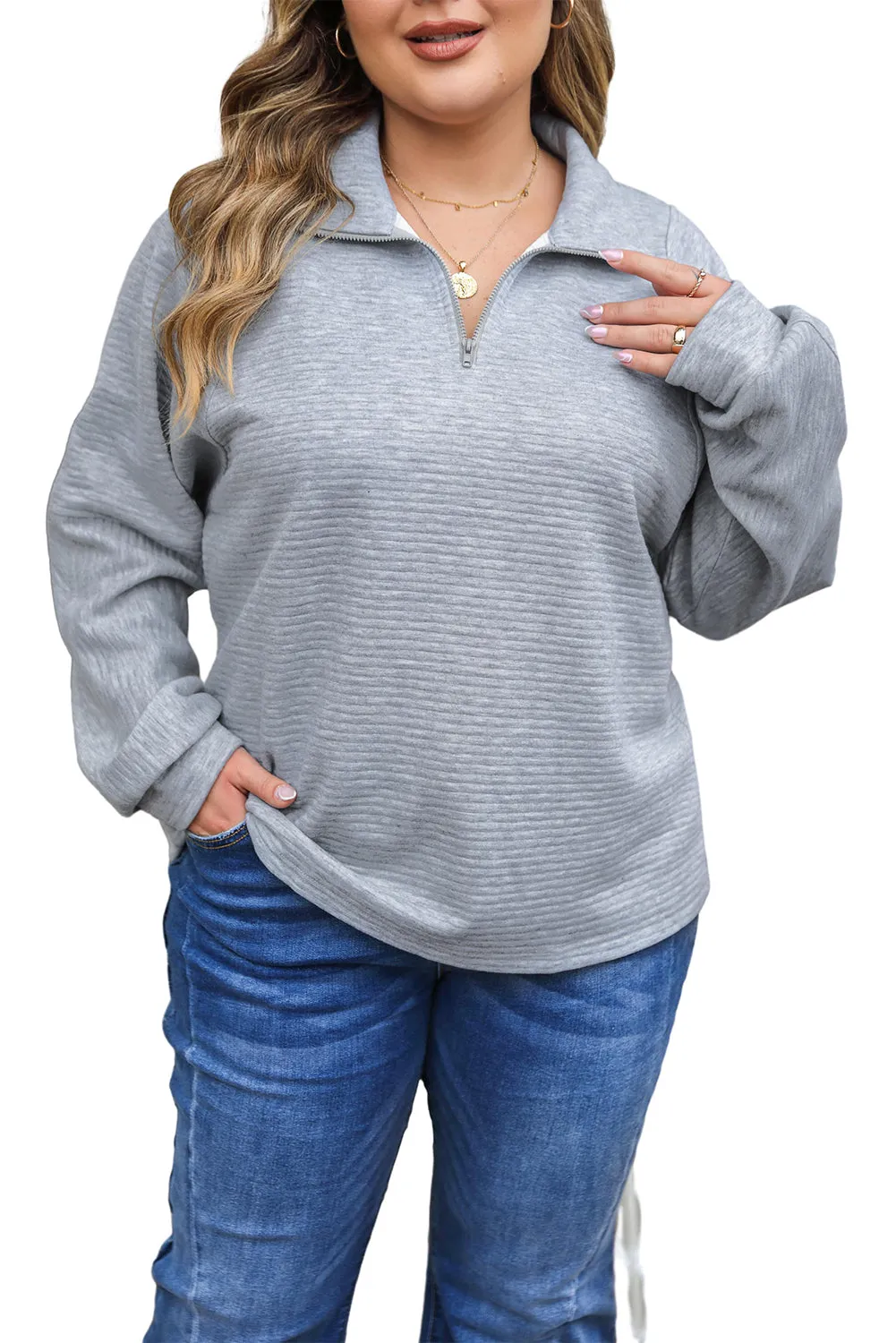 Light Plus Size Grey Quarter Zipper Collared Ribbed Knit Top