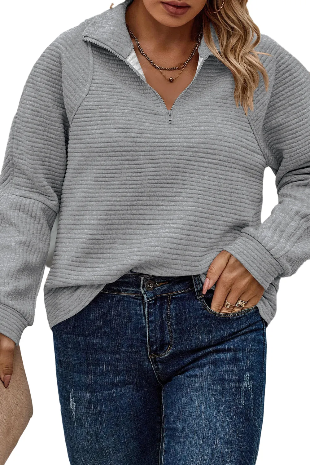 Light Plus Size Grey Quarter Zipper Collared Ribbed Knit Top