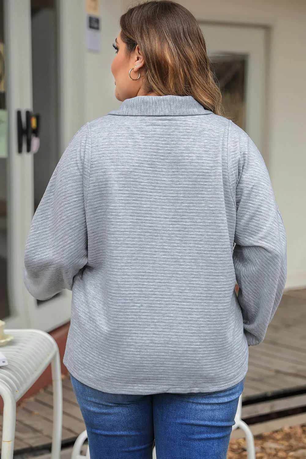 Light Plus Size Grey Quarter Zipper Collared Ribbed Knit Top