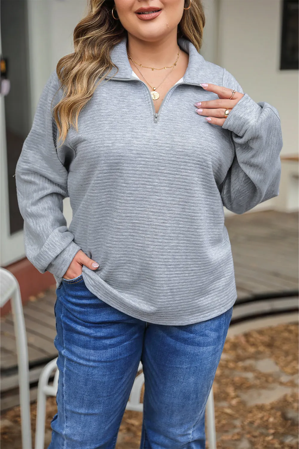 Light Plus Size Grey Quarter Zipper Collared Ribbed Knit Top