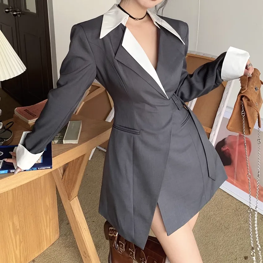 Long Sleeve Belted Waist Suit Dress
