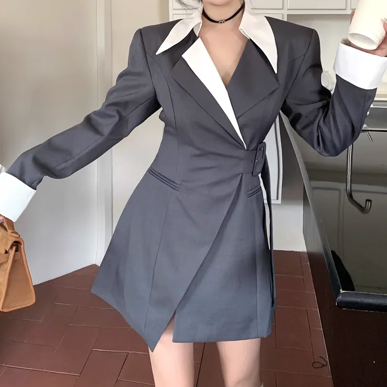 Long Sleeve Belted Waist Suit Dress