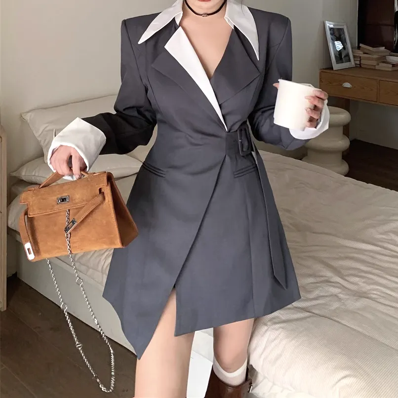 Long Sleeve Belted Waist Suit Dress