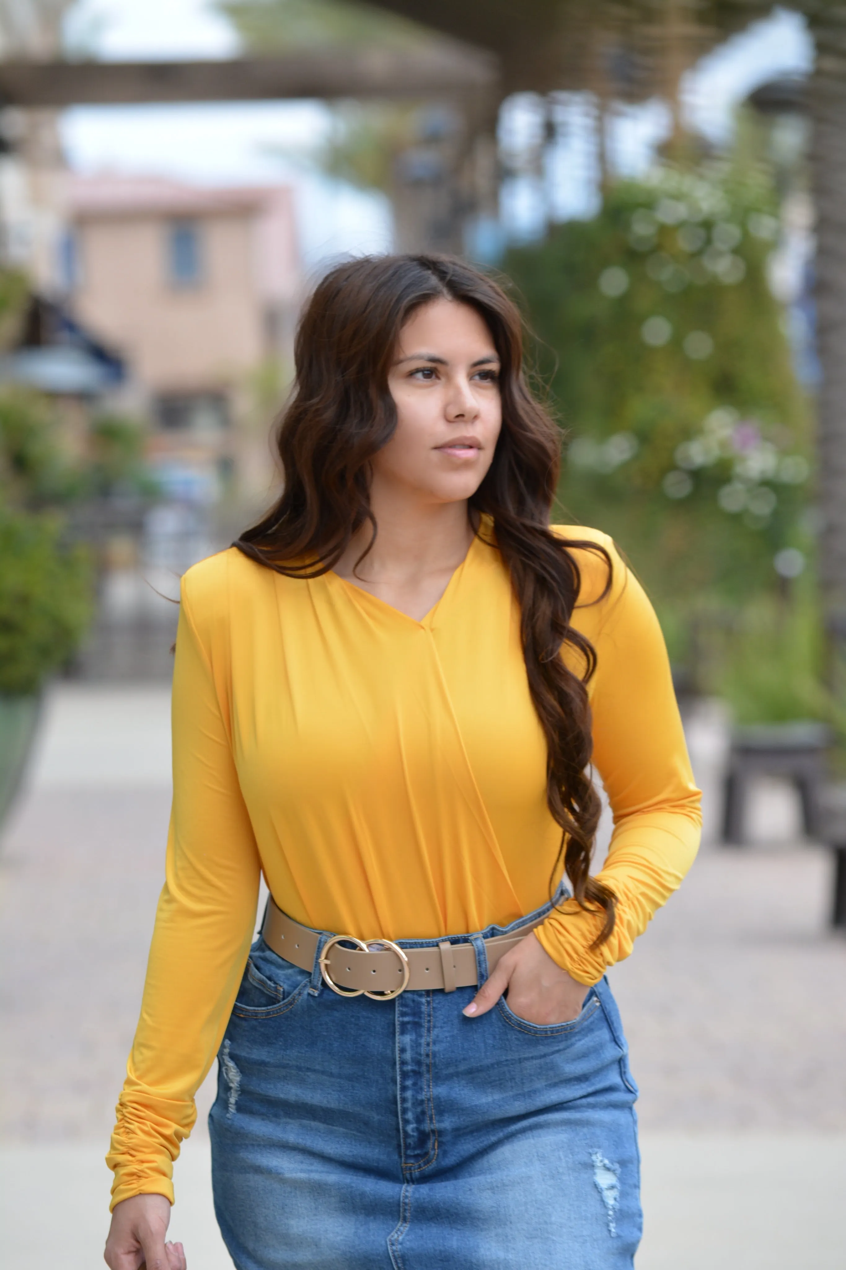 Maribel Mustard Faux Wrap Top