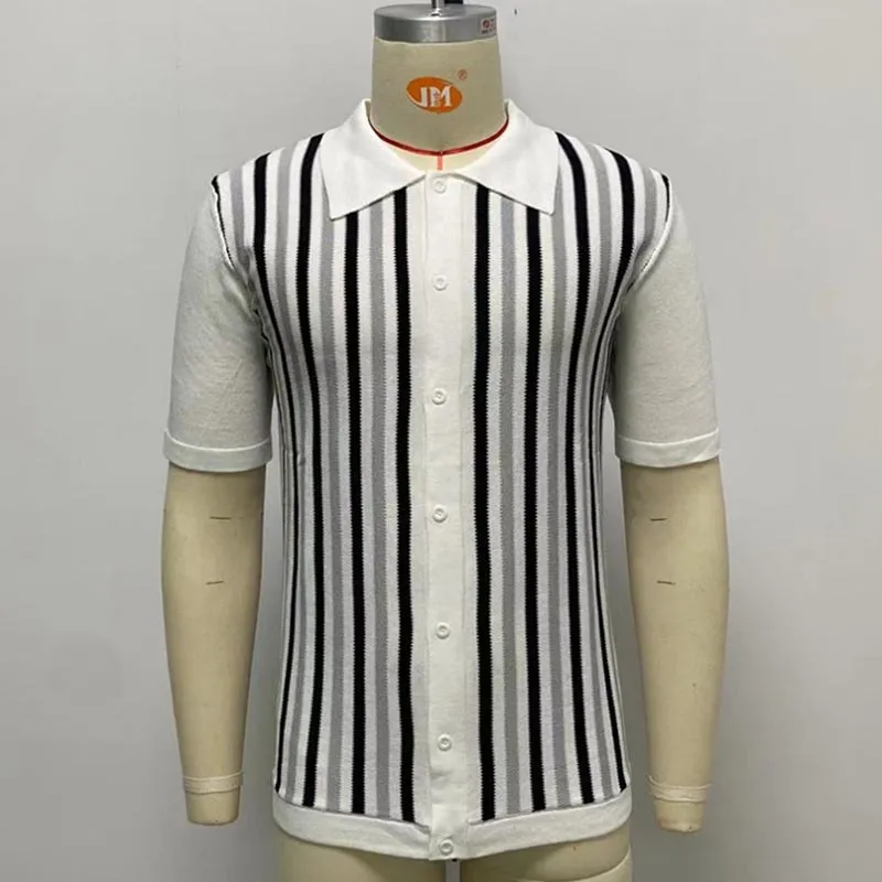 Men's Business Casual Black and White Stripes Contrast Color Short Sleeve Slim Fit Thin Polo Knit Top