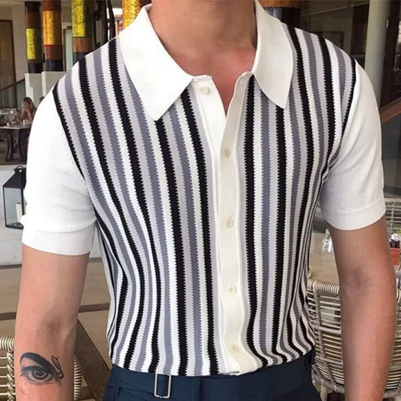 Men's Business Casual Black and White Stripes Contrast Color Short Sleeve Slim Fit Thin Polo Knit Top