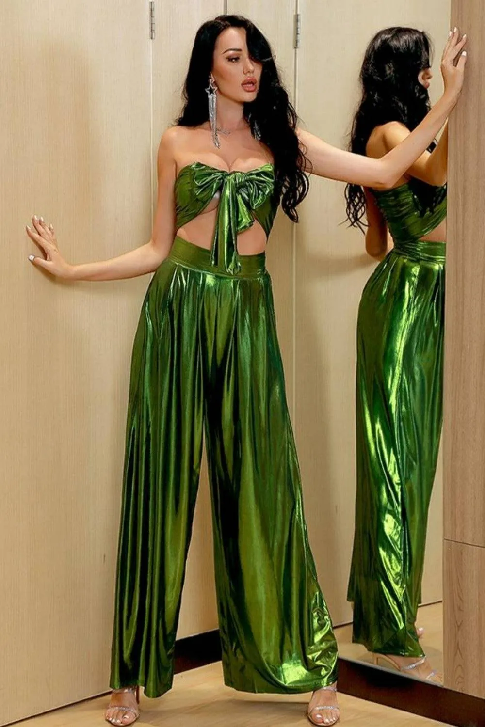 Metallic Green Wide Leg Two Piece Set