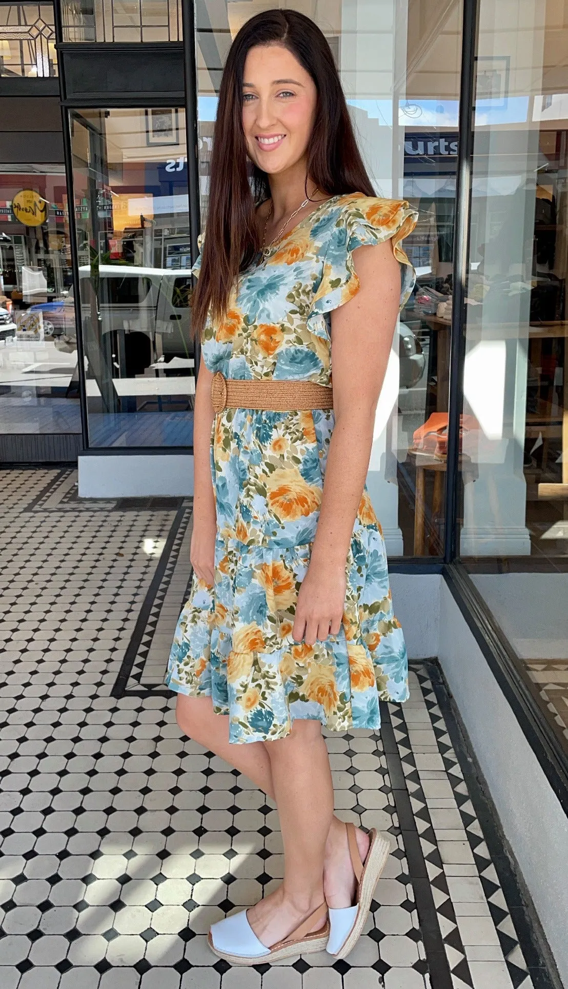 Misha Ruffle Sleeve Tiered Dress Blue