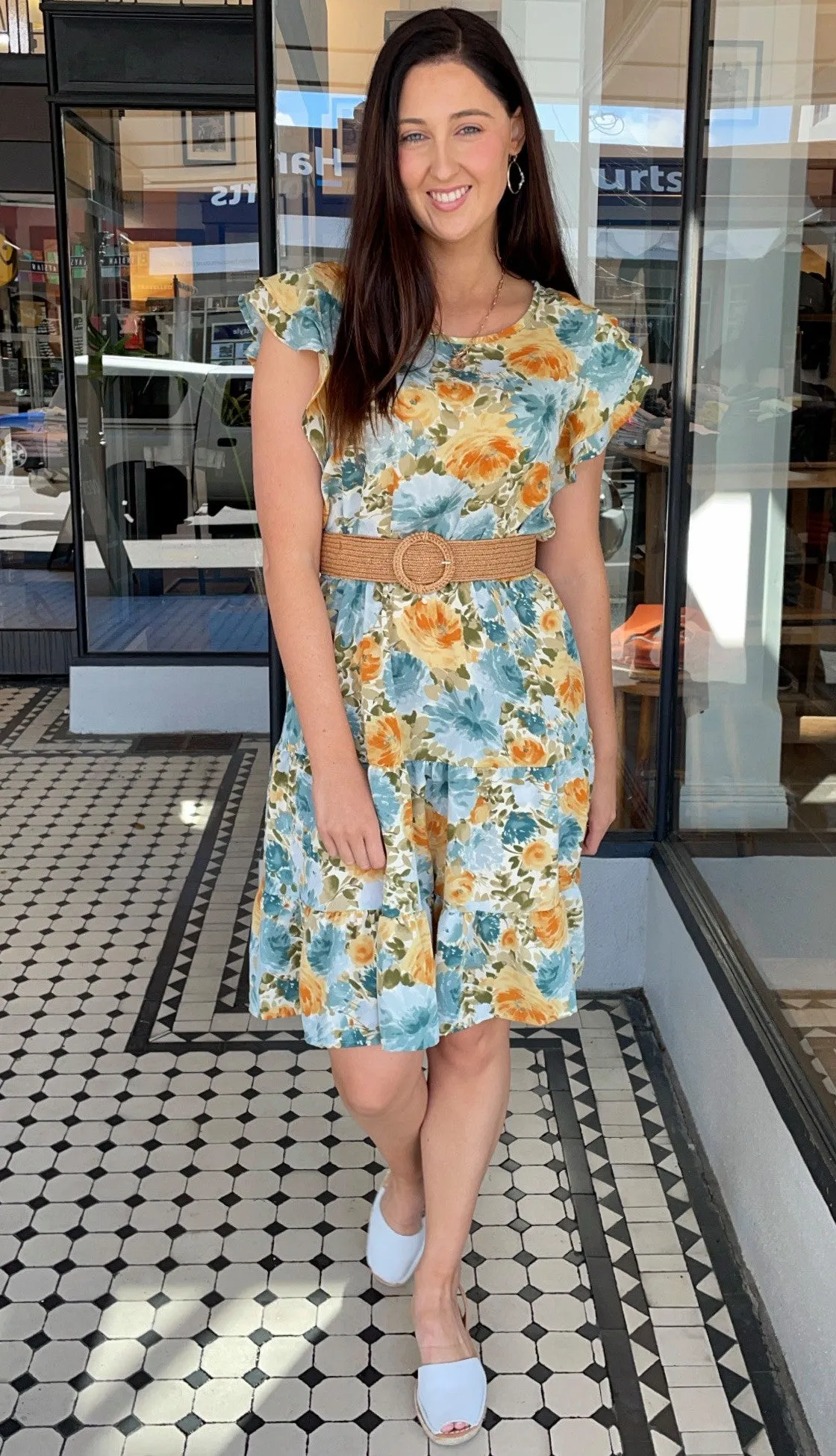 Misha Ruffle Sleeve Tiered Dress Blue