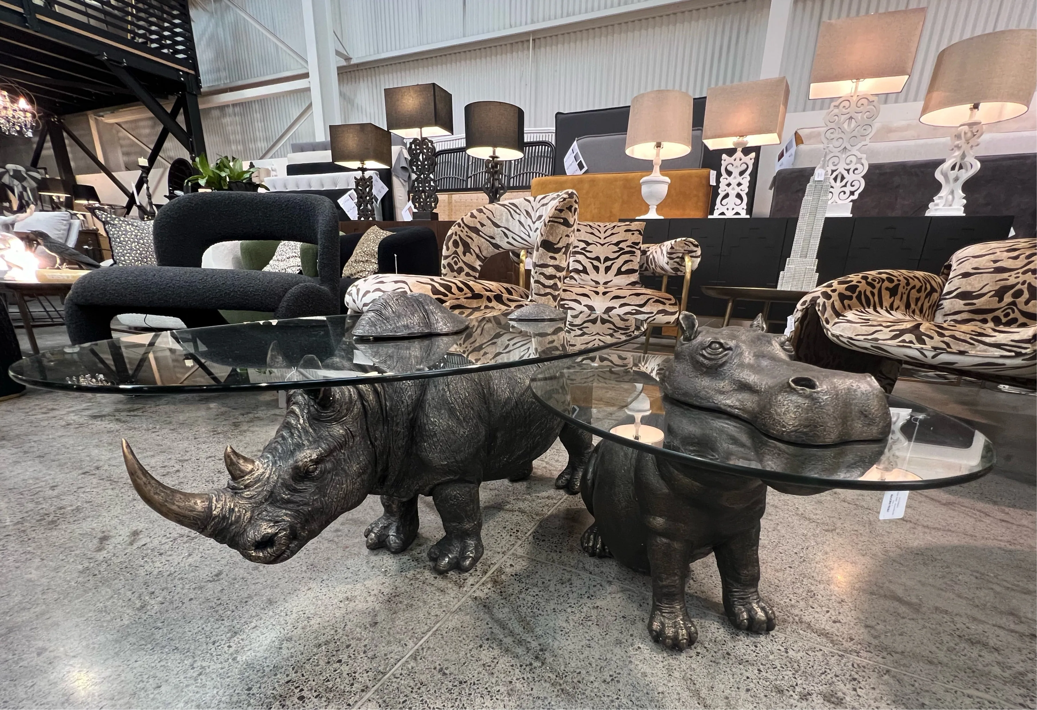Modern Whimsical Rhino Side Table / Alcove Table With Glass Top