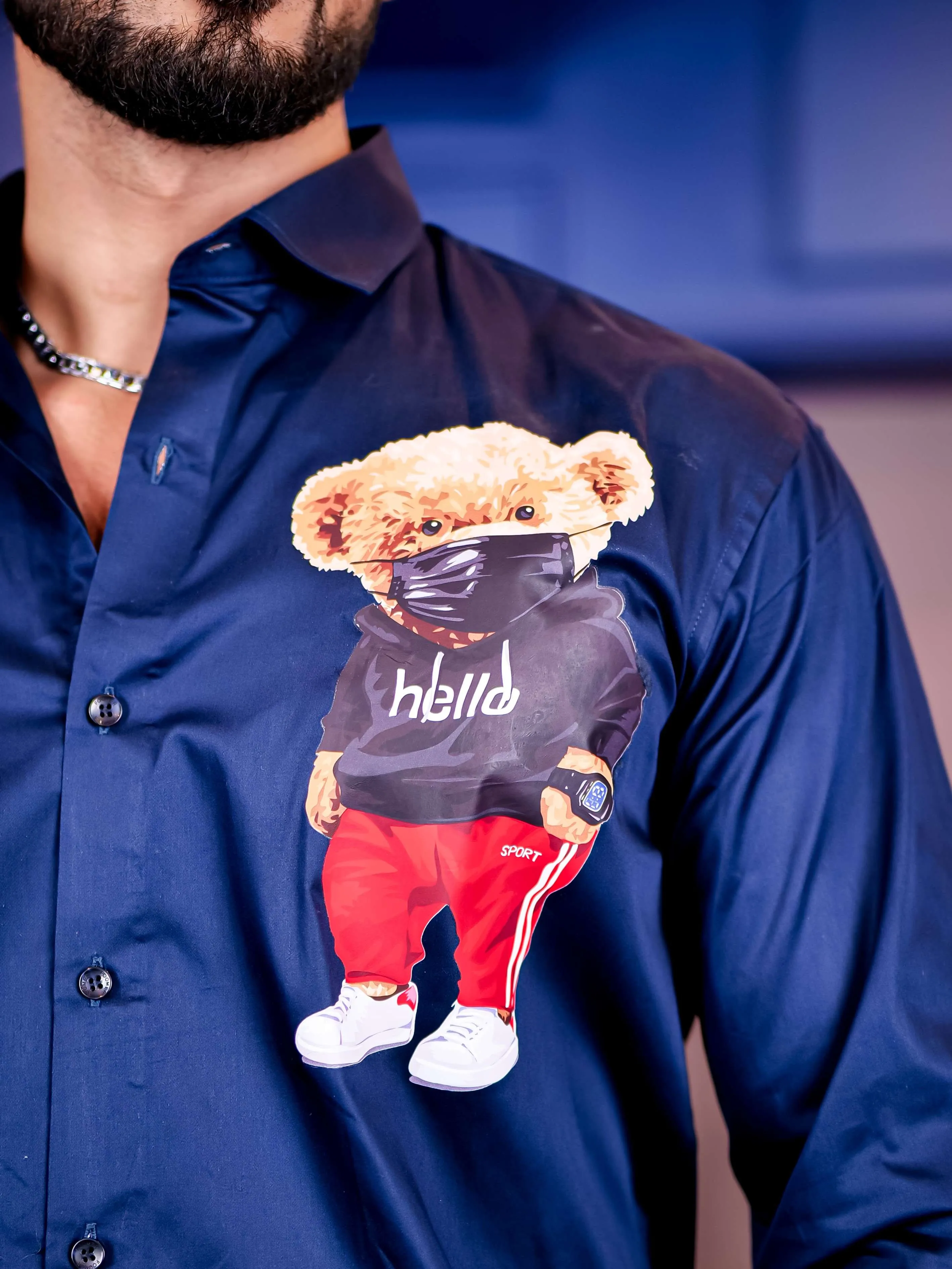 Navy Club Wear Hello Cartoon Printed Satin Cotton Shirt