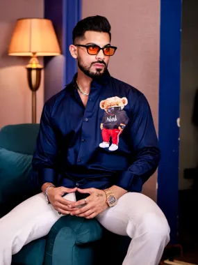 Navy Club Wear Hello Cartoon Printed Satin Cotton Shirt