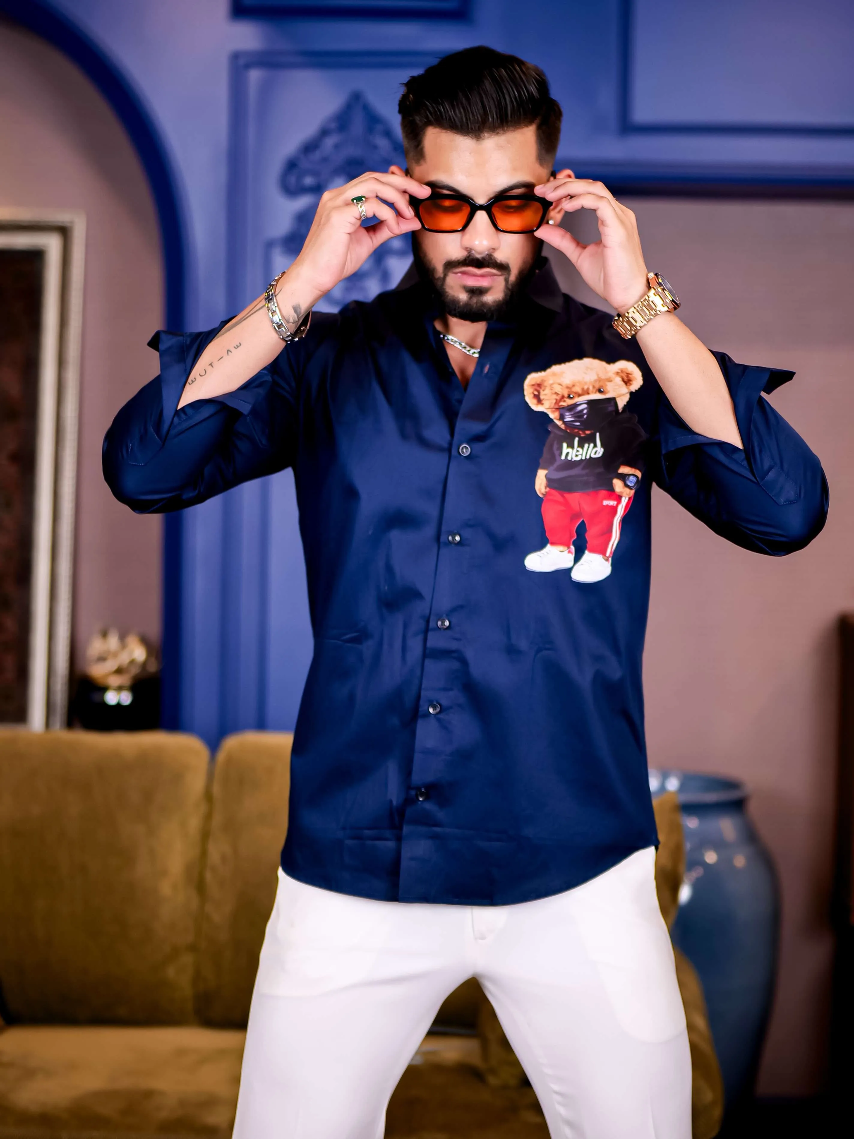 Navy Club Wear Hello Cartoon Printed Satin Cotton Shirt