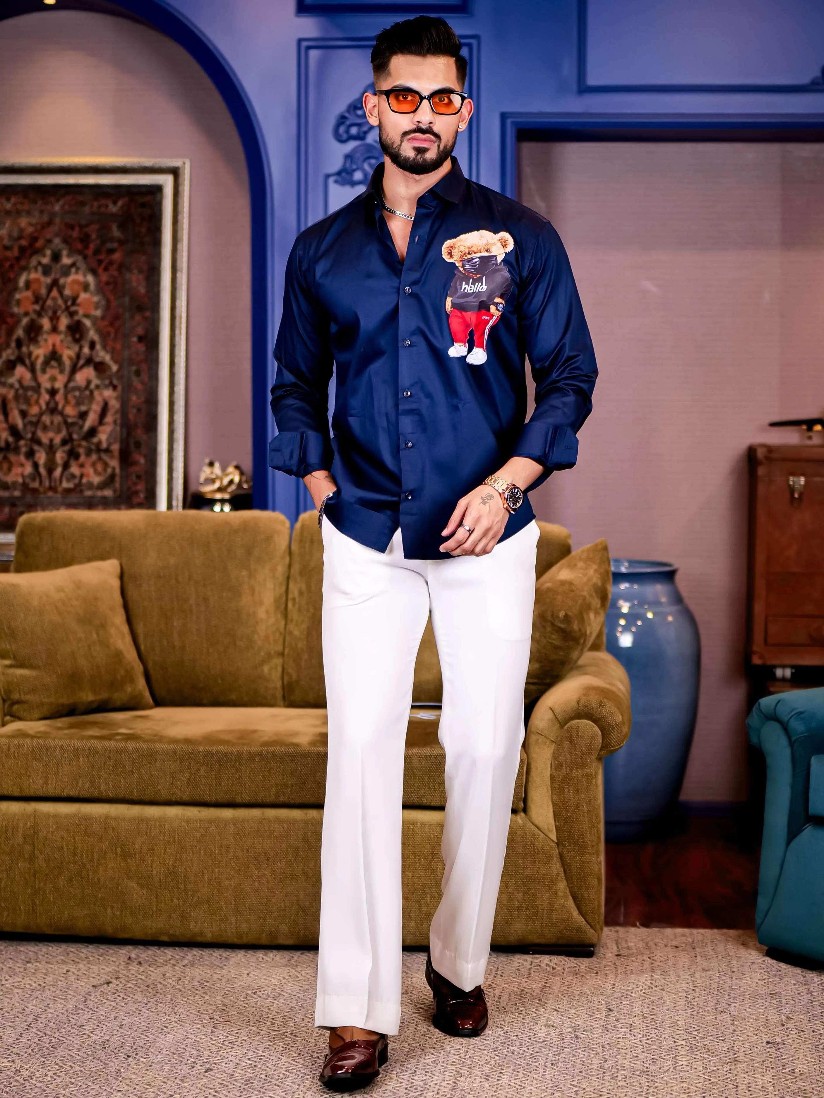 Navy Club Wear Hello Cartoon Printed Satin Cotton Shirt